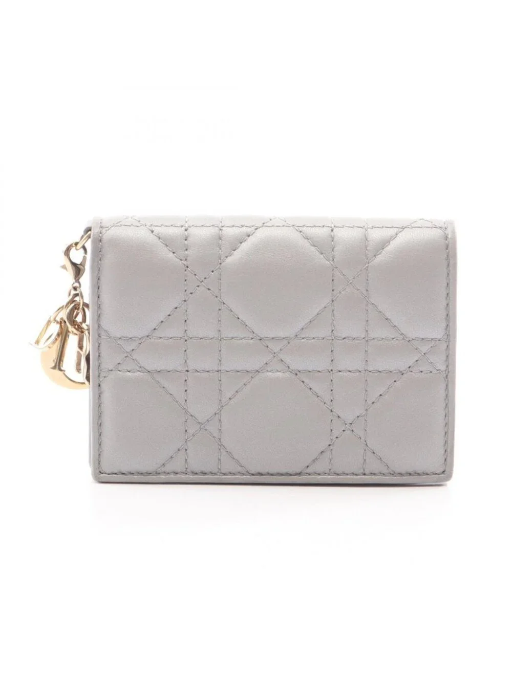 Dior Card Holder Lady Dior Cannage Pearl Gray Leather Bloom Wallet